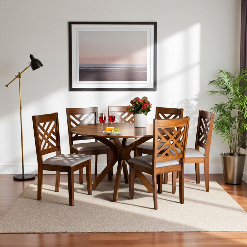 Ashlyn 7-Piece Gray Fabric Upholstered & Brown Finish Dining Set, 29.77" H X 44.67" W X 44.67" D, Walnut Brown