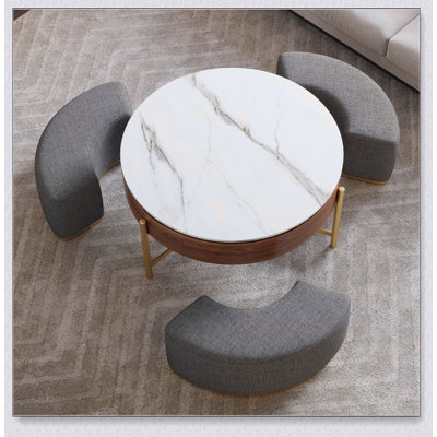 Modern Lift-Top Round Coffee Table With Hidden Storage, Walnut Veneer & Sintered Stone Top, 3 Upholstered Nesting Ottomans, Space-Saving Design, Fully Assembled