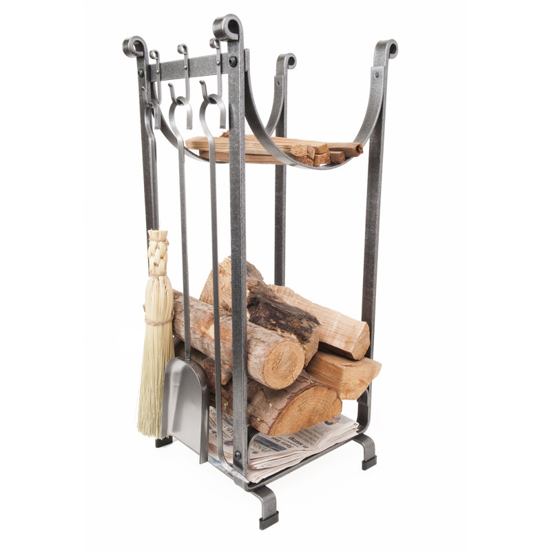 Handcrafted Sling Fireplace Log Rack with Newspaper Holder, Bar & 3 Tools