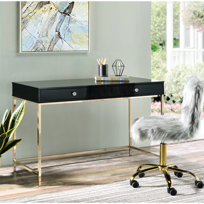 Bureau noir élégant avec plateau en bois lustré et 2 tiroirs, poids : 25,1 kg, piètement en métal, fermeture manuelle.