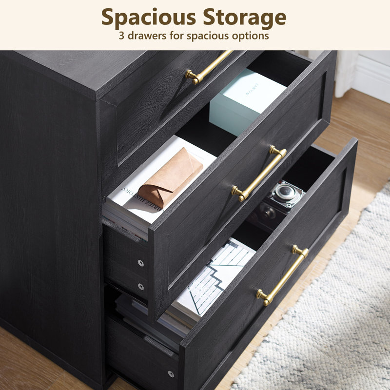 32"W Modern Wood Nightstand , 3-Drawer With Storage, Black