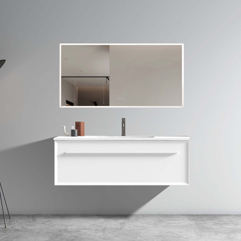 Meuble-lavabo mural moderne avec lavabo à surface solide, Blanc, Blanc