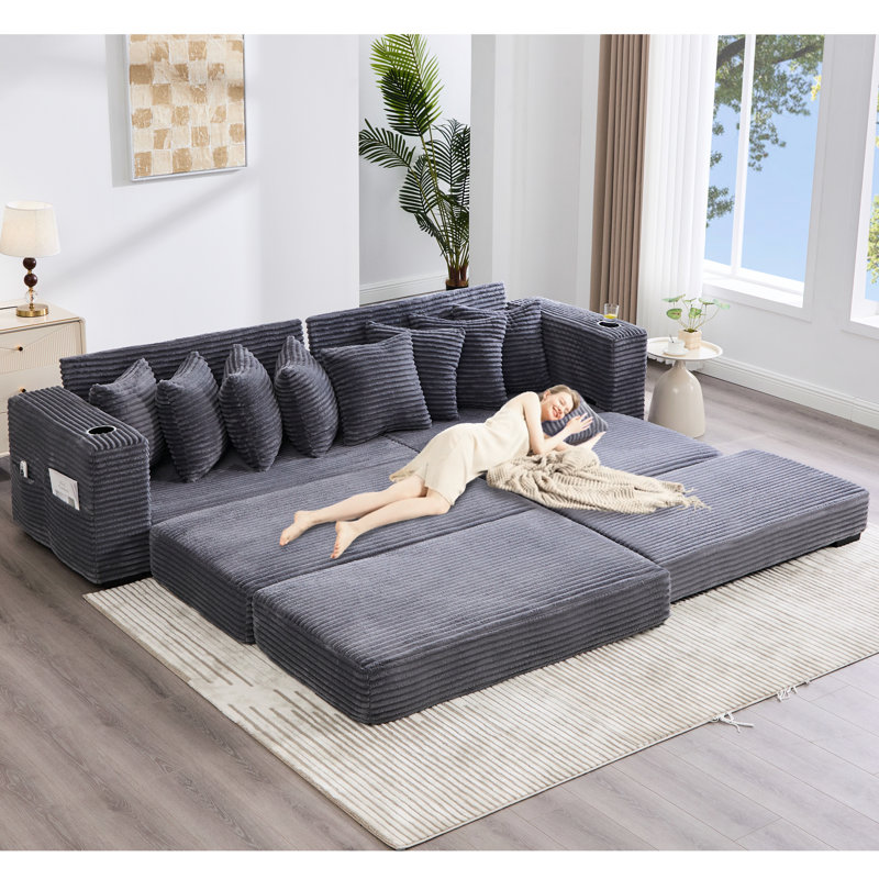 Canapé modulaire en L surdimensionné surdimensionné, tissu en velours côtelé, repose-pieds amélioré, porte-gobelets, coussins décoratifs, convertible en lit: 107,46 po avec repose-pieds mobile, poche latérale, 8 en gris foncé