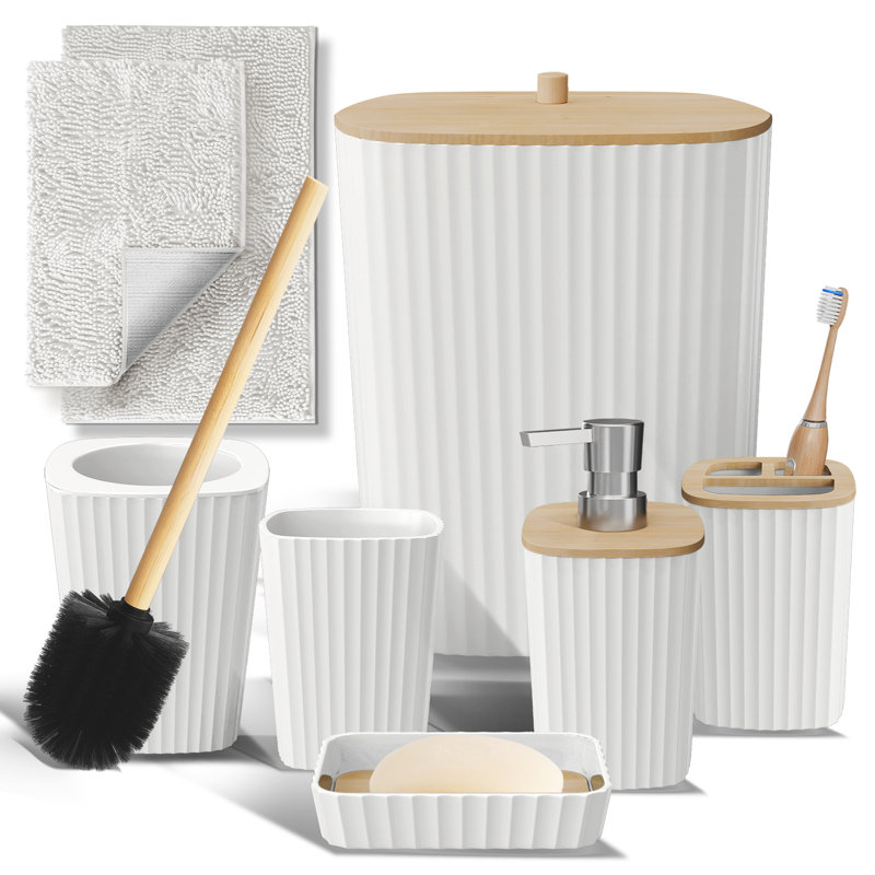 Complete 8 Piece Bathroom Accessory Set with Bamboo Accents, Trash Can, Toilet Brush & 2 Bath Rugs Included, White