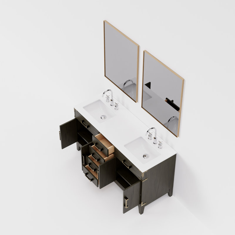 Ensemble de miroirs de salle de bain double 60 po x P 22 po avec robinet Laurel, Chêne brun, Quartz blanc