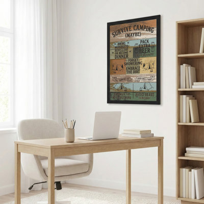 Décoration murale sur toile « Survivre au camping » avec un motif de planches de bois rustiques et des conseils de camping humoristiques pour les amateurs de plein air et la décoration de chalets