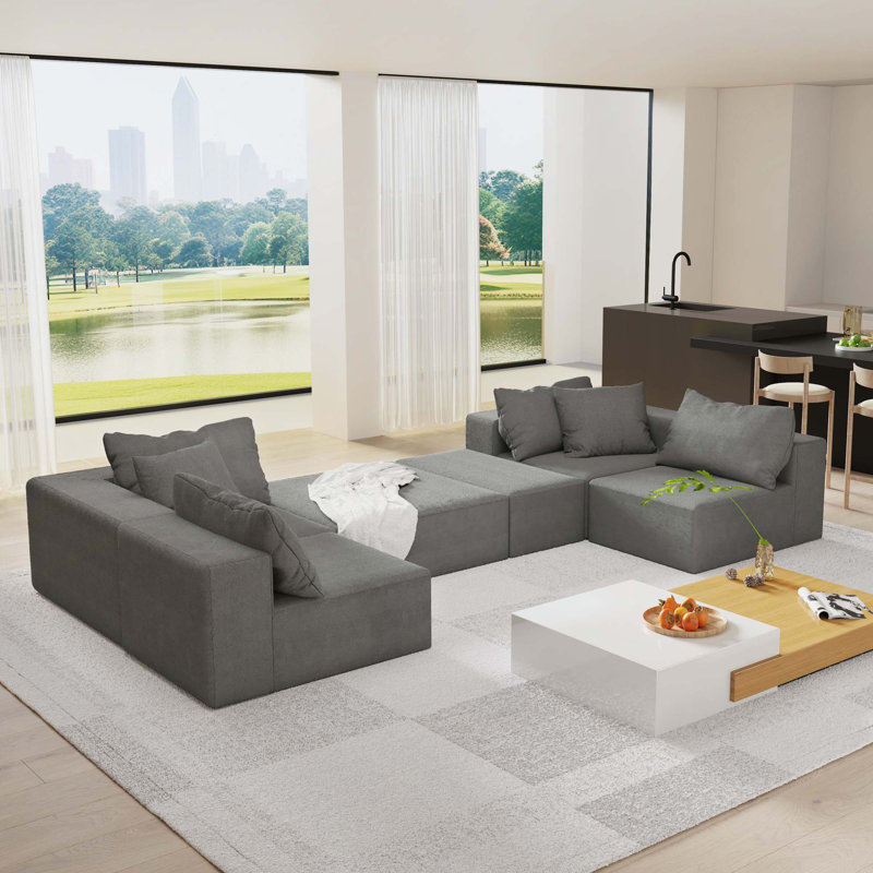 Ensemble de canapé modulaire modulaire en forme de L de 132 po avec 6 coussins, Gris chenille