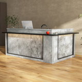 Modern Reception Desk With Hidden LED Light Strip, Marble Veneer Finish, L-Shaped Front Desk With Storage Shelves & Drawer, Premium MDF