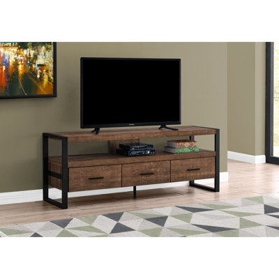 Meuble télé moderne 60 po, console avec tiroirs de rangement en stratifié brun et métal noir, centre multimédia pour le rangement dans la chambre à coucher, salon en métal