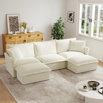 120" Chenille Two Footstools With 3-seat Soft Cushion Sofa