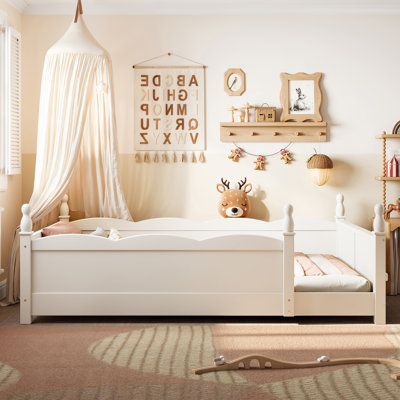 Twin Floor Bed with Full-Length Guardrails. Kids Montessori Floor Bed With Beside Book Shelf,Childlike Design,Beige