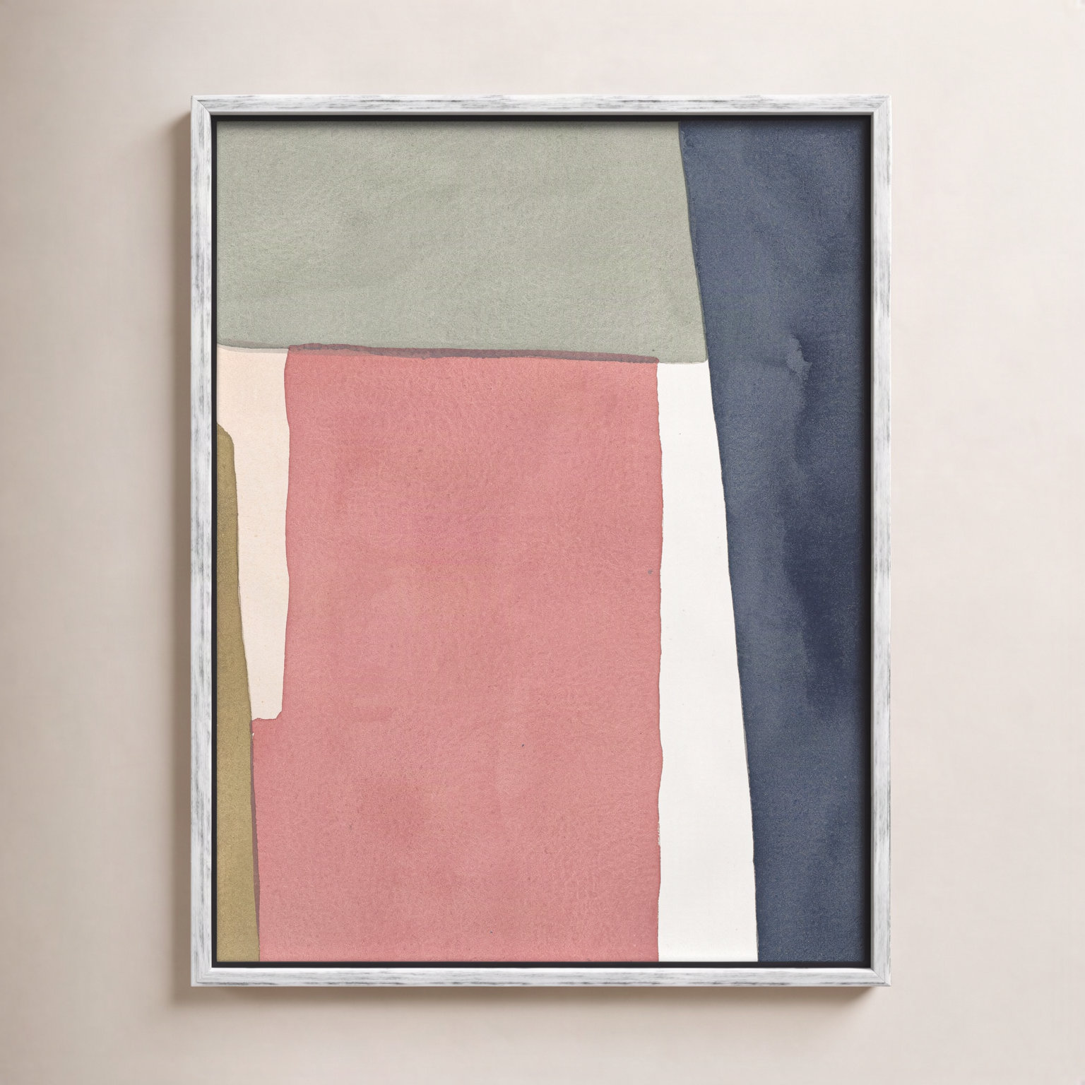 Warm Pink And Indigo by Julia Balfour, 50" H x 40" W x 1.4" D, White Framed Canvas
