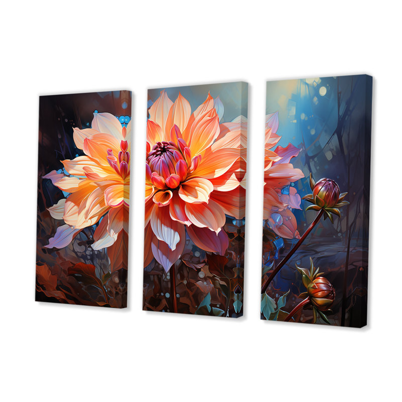 Corail moderne et bleu Dahlia Dreams II - ensemble d'art mural Dahlia, H 32 po x l 48 po x P 1 po