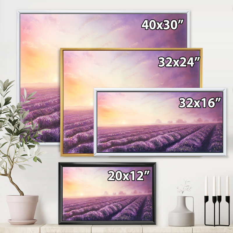 Lavender Fields pendant l'aube - reproduction sur toile, H 12 po x l 20 po x p 1 po, Toile encadrée d'or