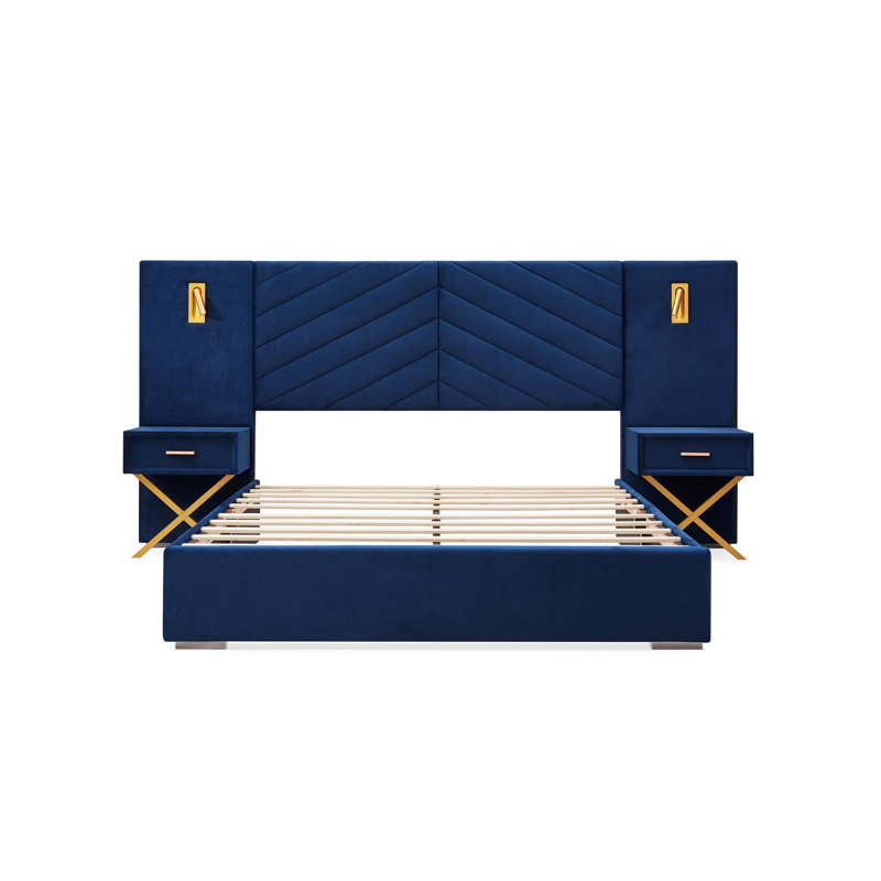 Cadre de lit, lit plateforme tapissier avec tête de lit, Grand lit, Blue