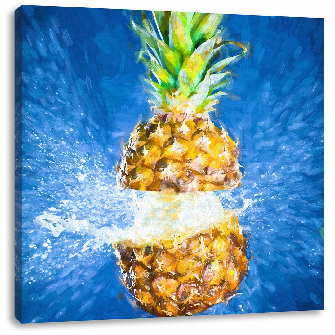 Leinwandbild Ananas mit Wasser bespritzt