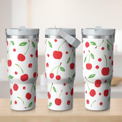 30 oz Tumbler  with Lid and handle  Stainless steel  Insulated tumblers  Cute water bottle with Flip(Cherry)