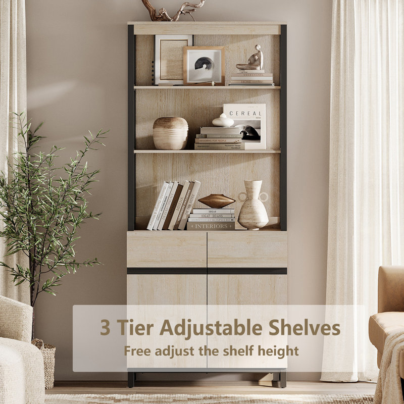 Modern 72" Tall Bookcase With 6 Drawers And Open Book Shelfs, Library Book Shelf With Storage Cabinet And 4 Doors, Wood Freestanding Bookshelves For Home Office, Living Room