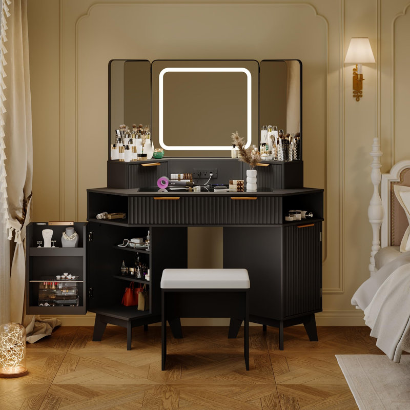 Corner Makeup Vanity Desk, Modern Vanity Desk with HD Triple Mirror, Corner Vanitys with Clear Glass Top, Fluted Makeup VanityDesk