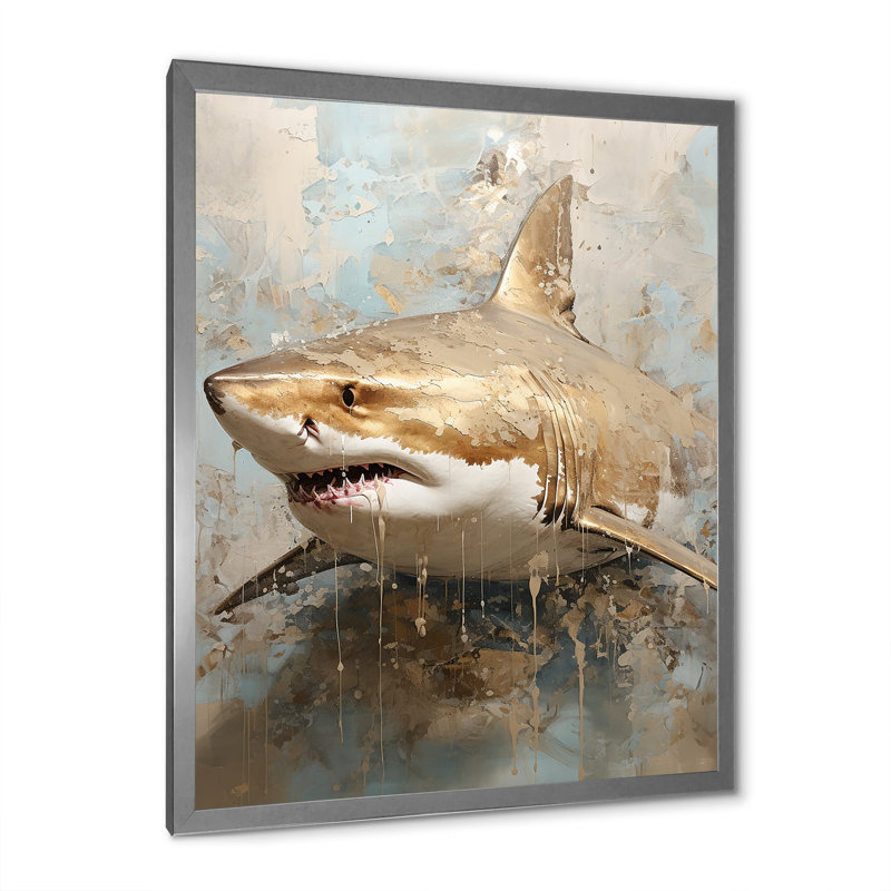 " Minimalism Shark Painting In Golden Beige ", Silver Single Picture Framed, 32" H x 16" W x 1" D
