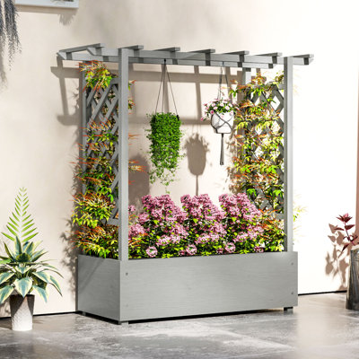 Jardinière surélevée avec treillis, boîte à fleurs surélevée en bois avec doublure