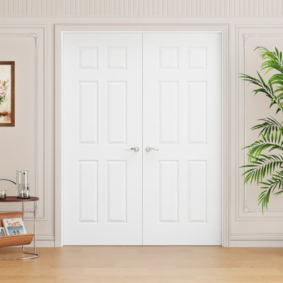 Interior 6-Panel Molded Solid Door, CARB P2 Certified MDF Double French Doors, Satin Nickel Hardware-Privacy Door Lever with Lock, Latch & Hinges, Pre‑Finished & Waterproof, for Pantry, Bedroom, Bathroom & Closet, Easy DIY Stain, 64"x 80"