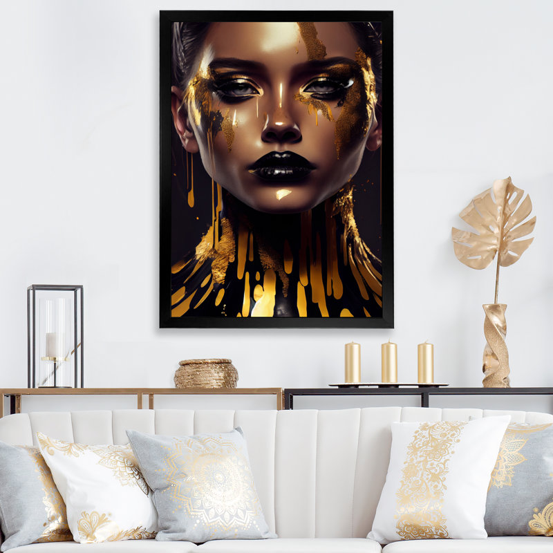 Sensual, liquide, or, femme II - Impression sur toile, H 20 po x l 12 po x P 1 po, Cadre photo noir
