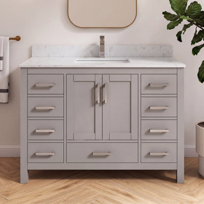 Felix 48 Inch Fully Assembled Bathroom Vanity with Solid Surface Engineered Marble Top, Modern Freestanding Bathroom Vanity Cabinet with Textured Countertop and Backsplash