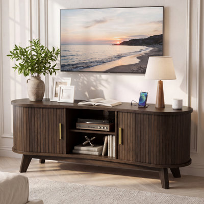  Modern Wooden TV Stand with Slatted Sliding Doors