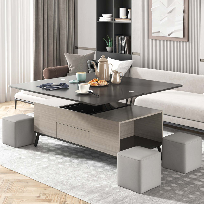 5 Pieces Lift Top Coffee Table Set With Storage Convertible Dining Table With Ottomans