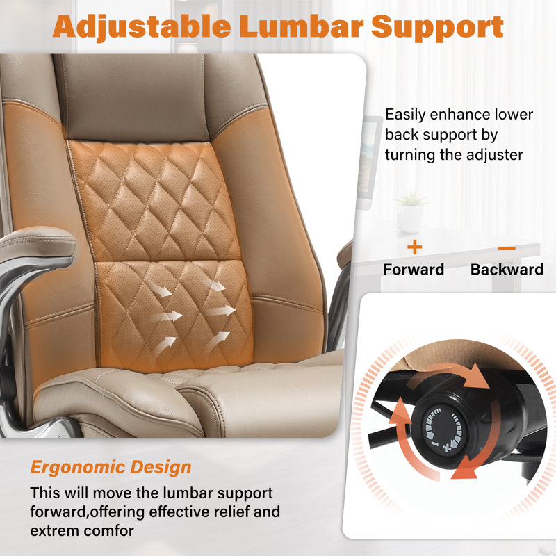 Modern Leather Executive Office Chair With Flip-Up Armrests And Adjustable Lumbar Support, Khaki