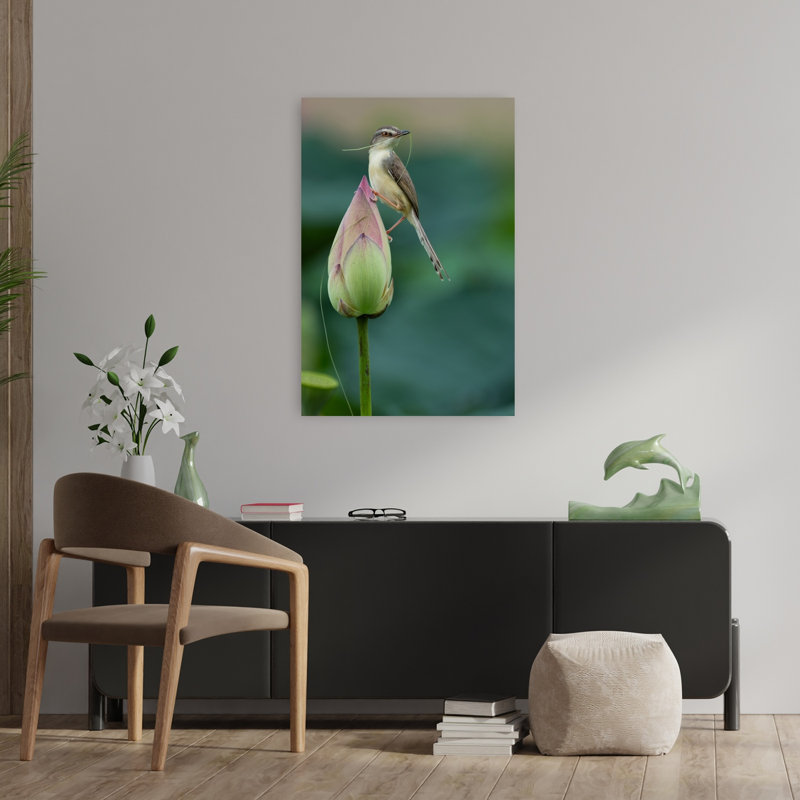 Nesting Bird On Lotus Bud Delicate Peaceful Serene Bird Lotus Nature Tropical Wall Art Print 1 Piece Wrapped Canvas Wall Art
