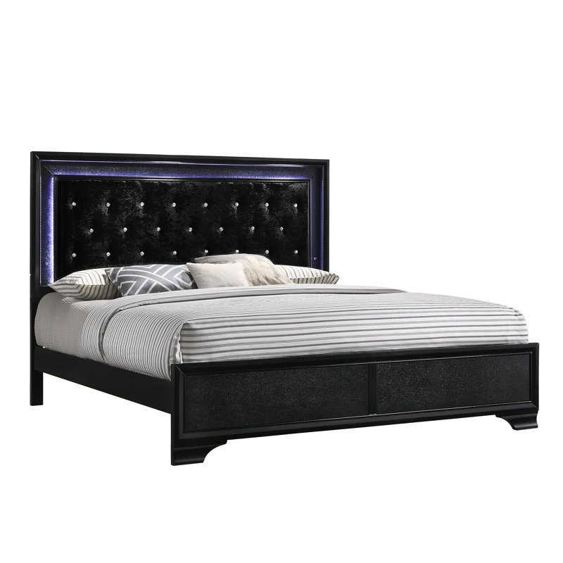 Micah Black King LED Upholstered Panel Bed