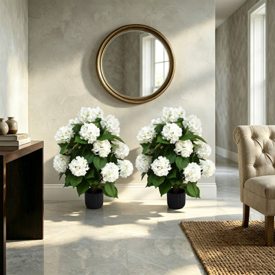 Arbre d'hortensia artificiel en pot, ensemble de 2 faux hortensia blanc, arbre artificiel à faible entretien avec fleurs, arbre artificiel décoratif pour bureau intérieur extérieur