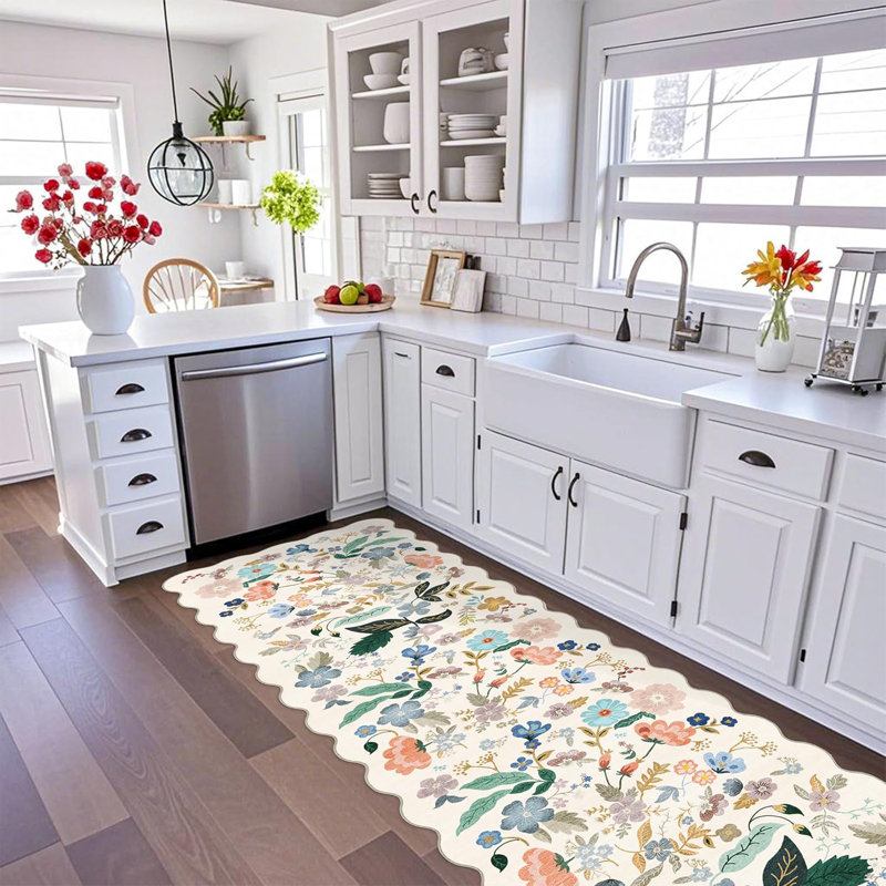 3x10 Washable Hallway Runner Rug: Long Floral Scalloped Soft Runners for Kitchen Entryway Non Slip Bathroom Nursery Floor Mat 10ft Water Resistant Low Pile Carpet for Living Room Bedroom(3x10,Cream)