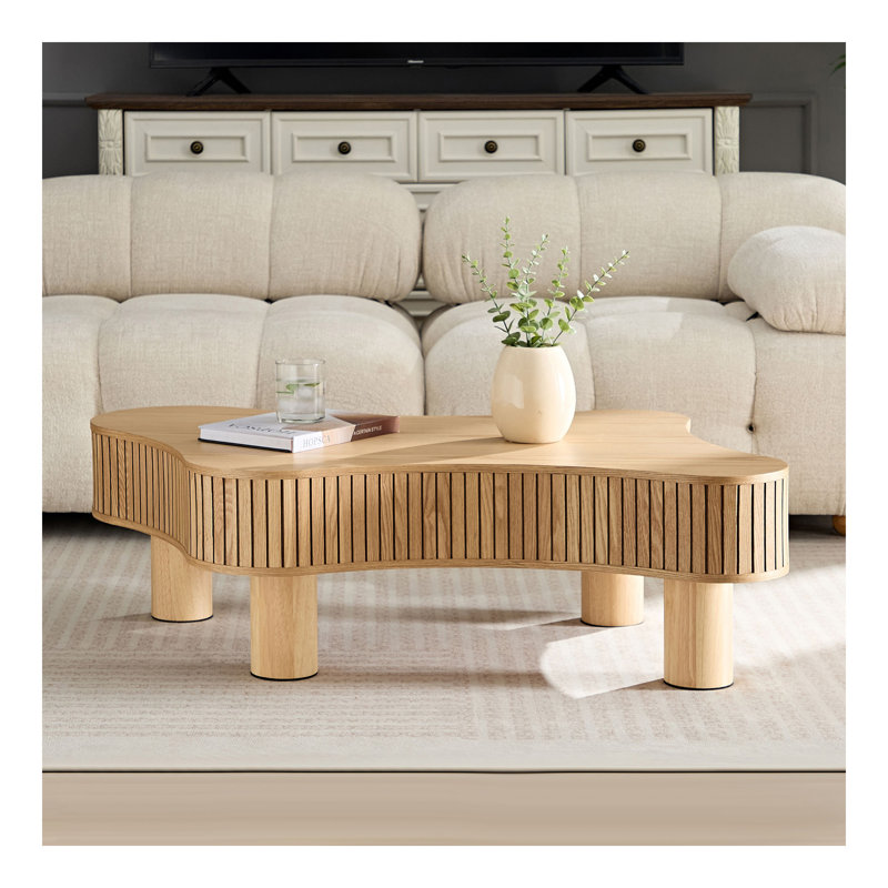 Table basse cylindrique moderne en bois de 42,52 pouces fabriquée à la main de forme irrégulière pour le salon, petite table basse avec piédestal robuste, couleur naturelle