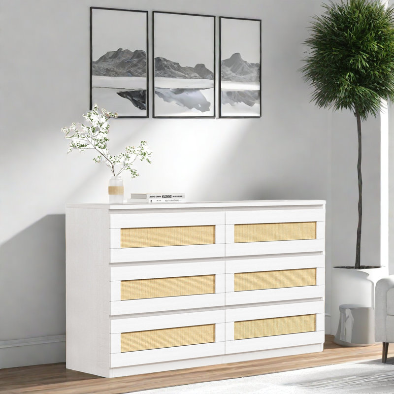 Commode 6 tiroirs, commode en rotin pour chambre à coucher, commode pour chambre à coucher, couloir, salon, Blanc