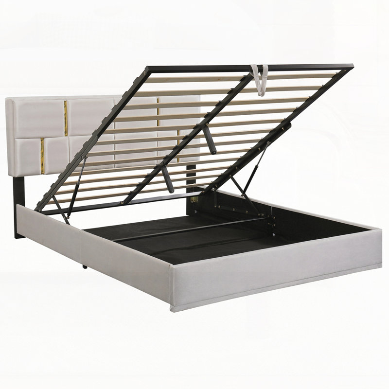 Grand lit plateforme tapissier avec rangement hydraulique, sans sommier tapissier, beige, Beige