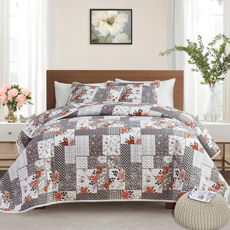 Ensemble de courtepointe patchwork pour lit double 3 pièces à motif floral à carreaux d'été, Gris
