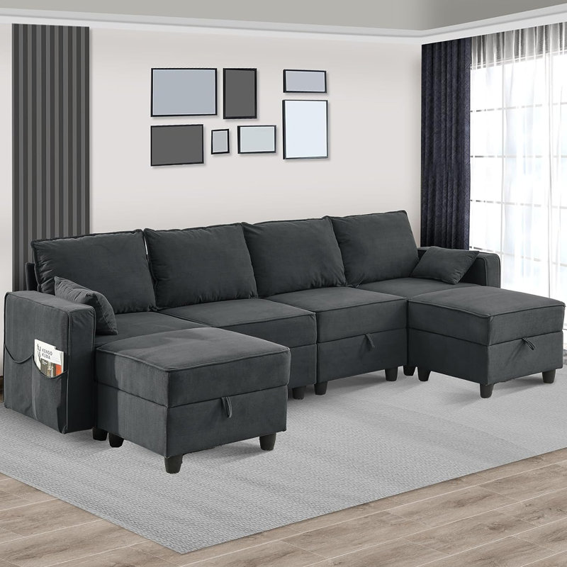 Canapé modulaire rembourré 6 pièces Kenda, Velours côtelé gris foncé