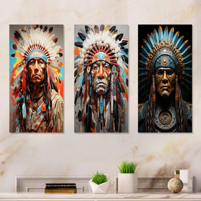 Native American Warrior Portrait - Native American Art Metal Art Print Set Of 3