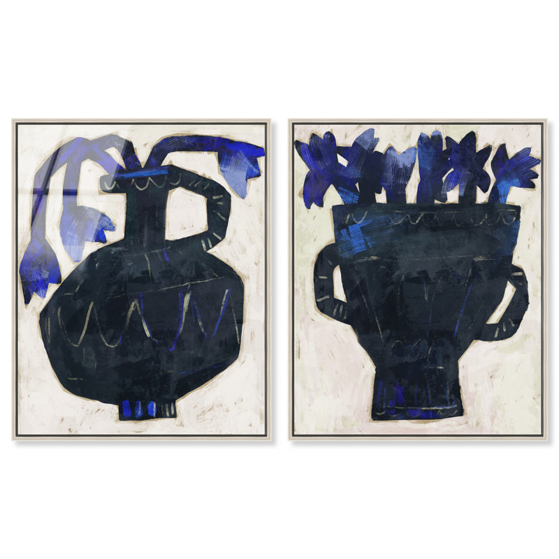 Indigo Vases Set Set by Oliver Gal, 62"H x 50"W, Silver Floater Frame