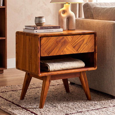 Laden Solid Acacia Wood Nightstand, Bedside Table With Drawer & Open Shelf, Mid-Century Art Deco End Table, Scratch & Water-Resistant