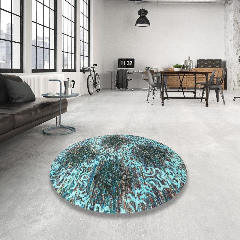 Tapis bleu/noir contemporain, Rond 3 pi