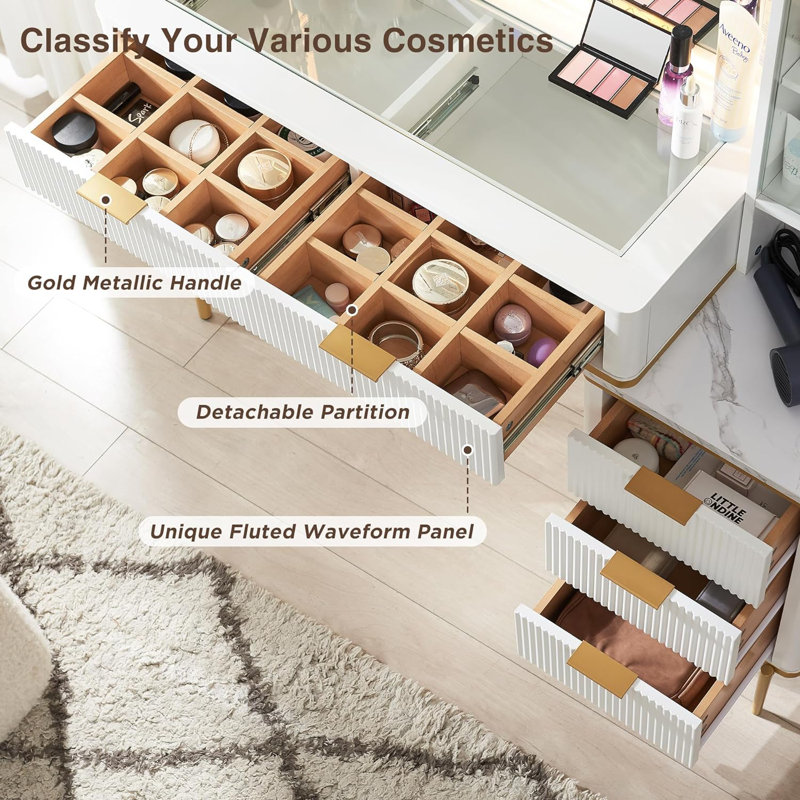 Coiffeuse Zadia 48 "avec miroir lumineux 36", 4 commodes et station de charge et 3 modes d'éclairage, Blanc