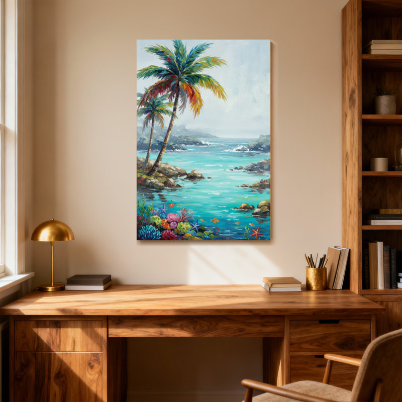 Plantes et fleurs, plage tropicale, palmiers, récif corallien, vue sur l'océan, H 48 po x l 32 po