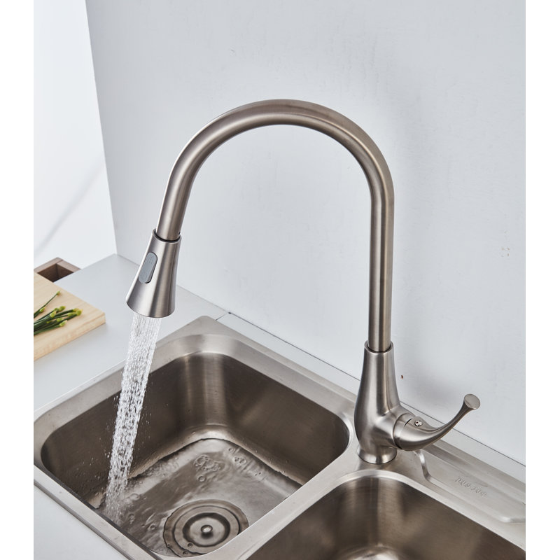 Robinet de cuisine à poignée simple avec bec pivotant et tête de pulvérisation à deux fonctions pull out