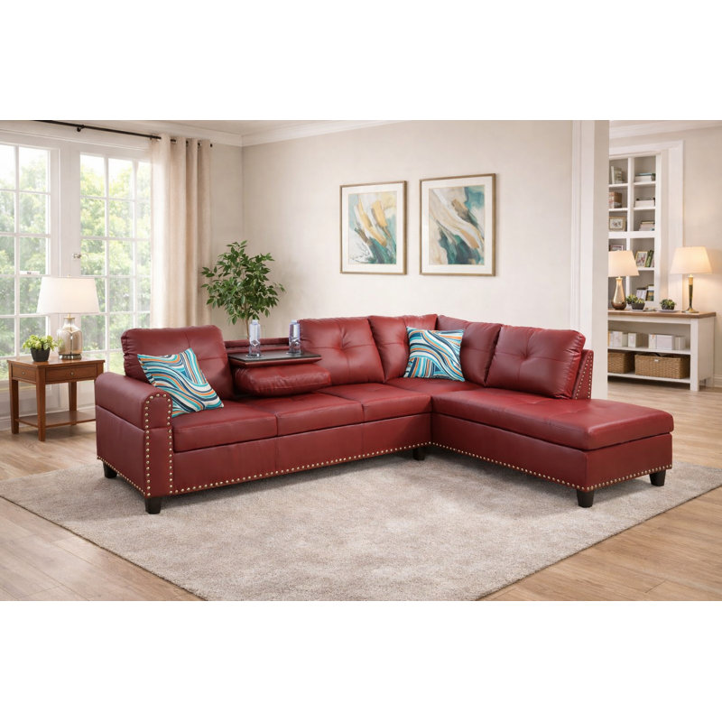 Mascotte Upholstered L-Shaped Sectional, Red Faux Leather, Right Hand Facing