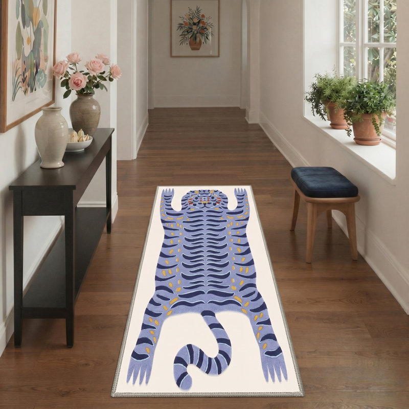 Tapis bleu / bleu marine / ivoire à imprimé animalier Abidi Funky, Bleu sarcelle en orbite, Tapis de couloir 2 pi x 6 pi
