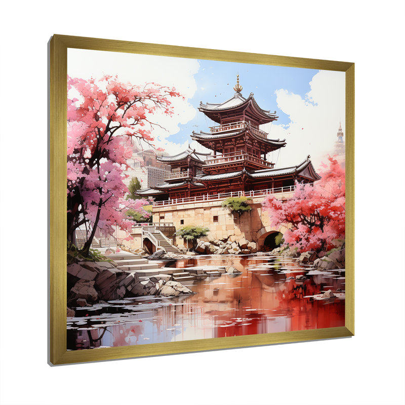 «Spring Spring China Serenity At The Temple I», art mural Chine, H 36 po x l 36 po x P 1,5 po, Cadre doré simple